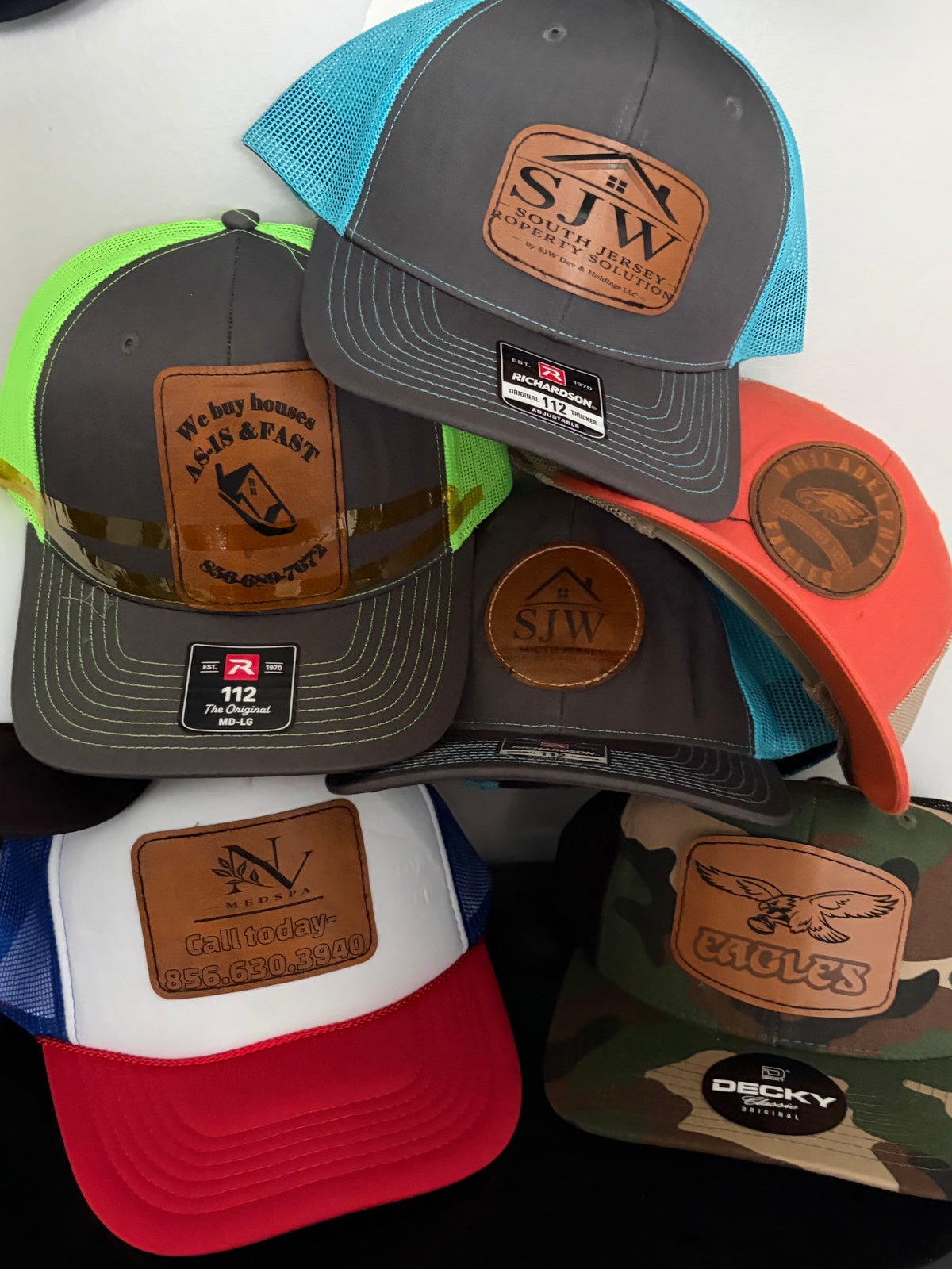 Custom Leather Patch Trucker Hats — Laser Engraved Logo, Business & Sports Patches