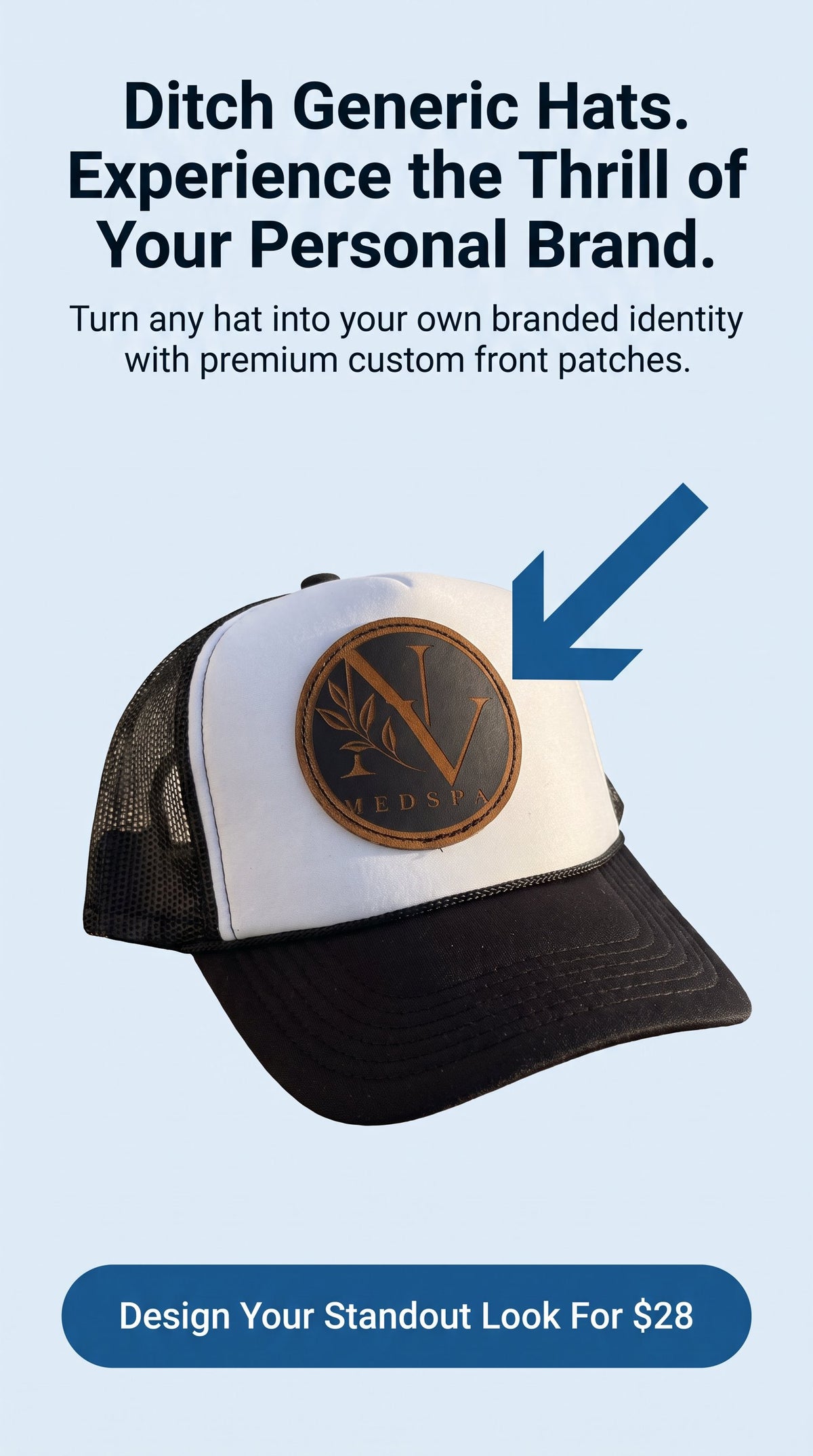 Custom Leather Patch Trucker Hats — Laser Engraved Logo, Business & Sports Patches